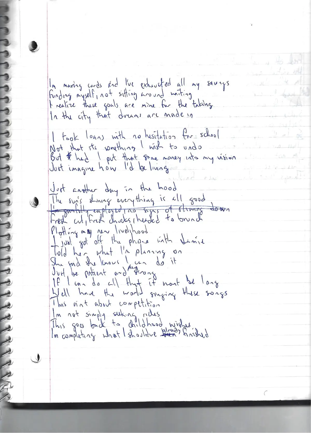 Original handwritten Dreams Cost lyrics in blue ink