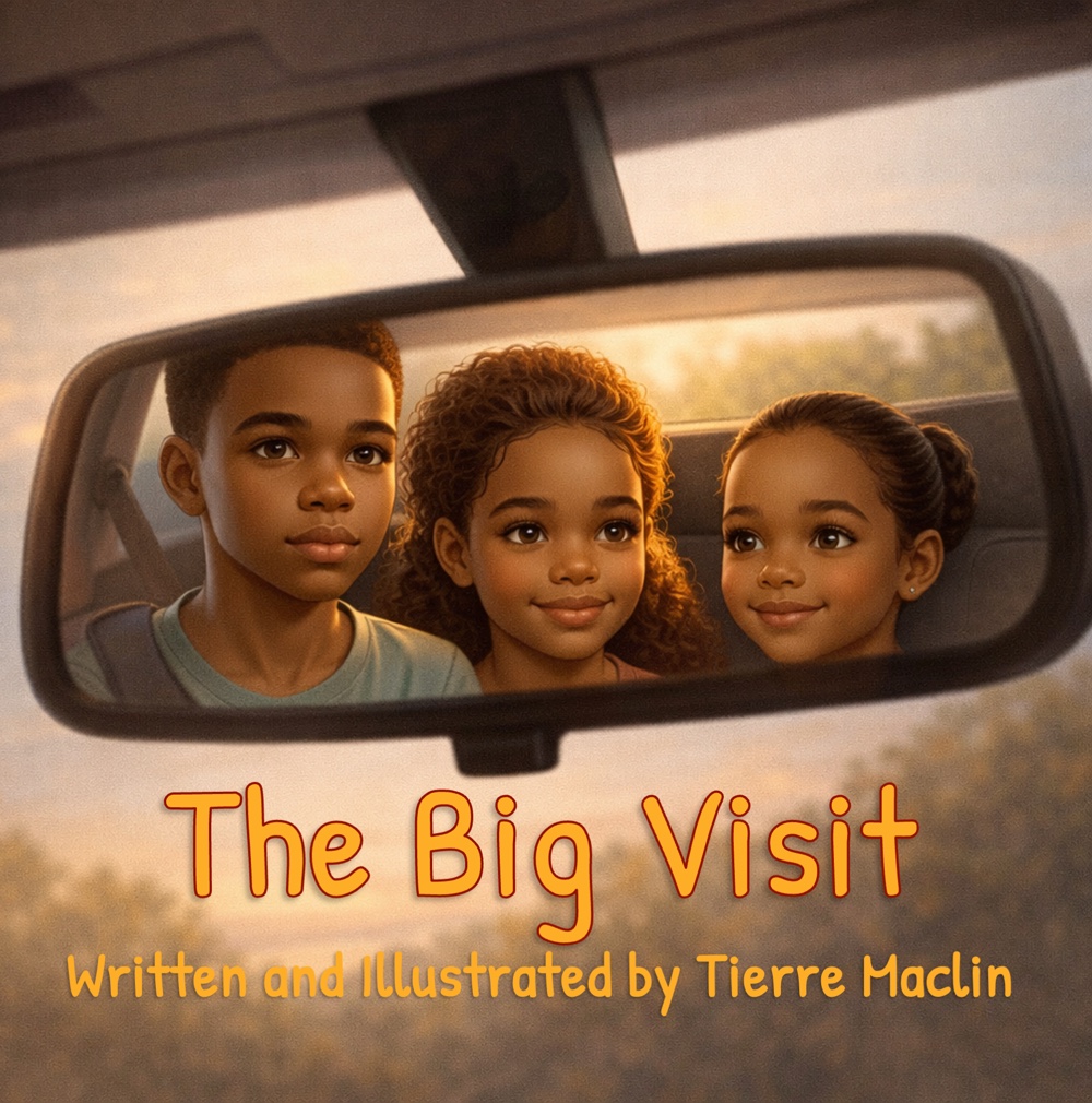 Front cover of The Big Visit, showing three siblings reflected in a car mirror