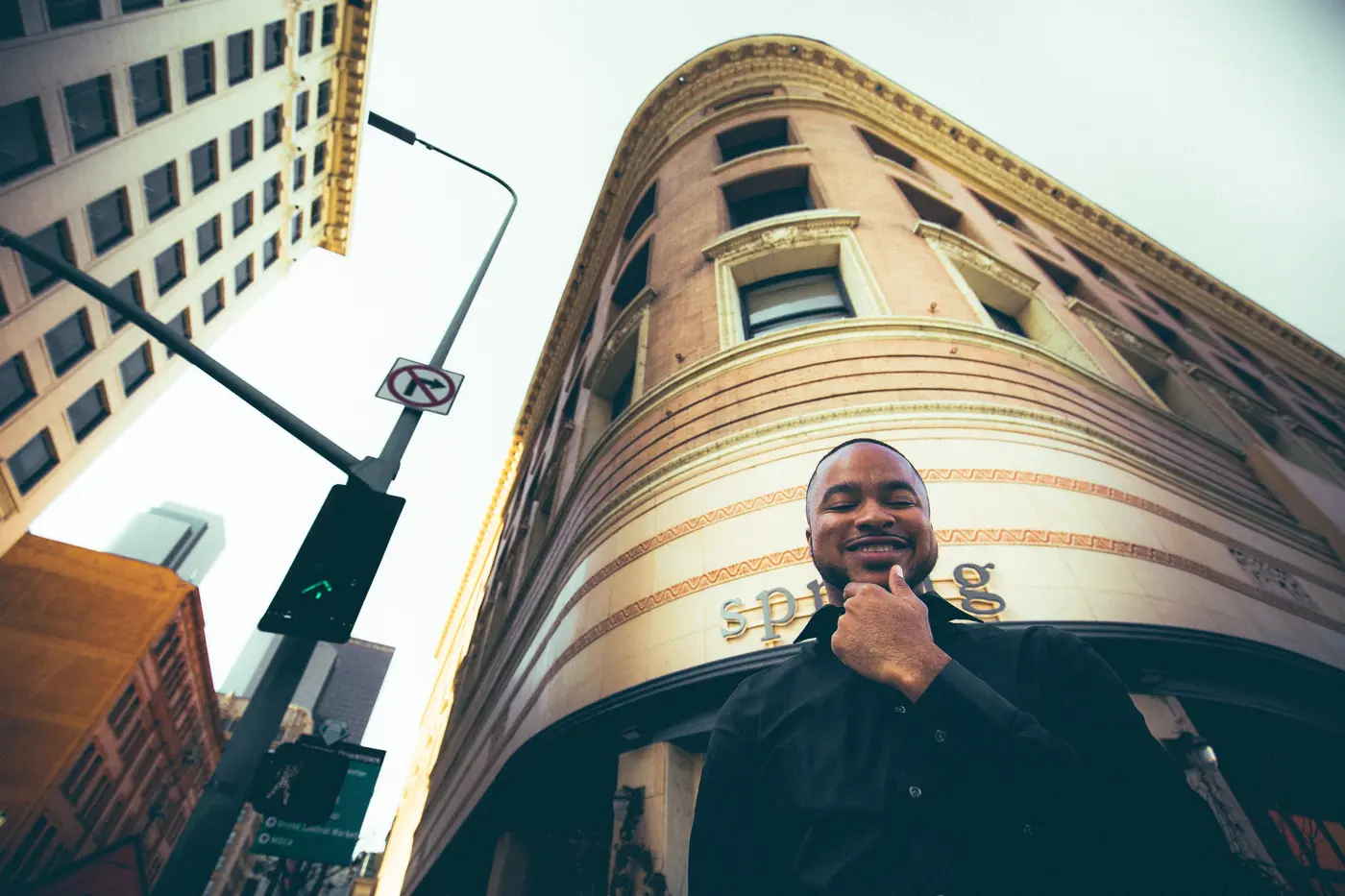 Tierre Maclin photographed against the city skyline